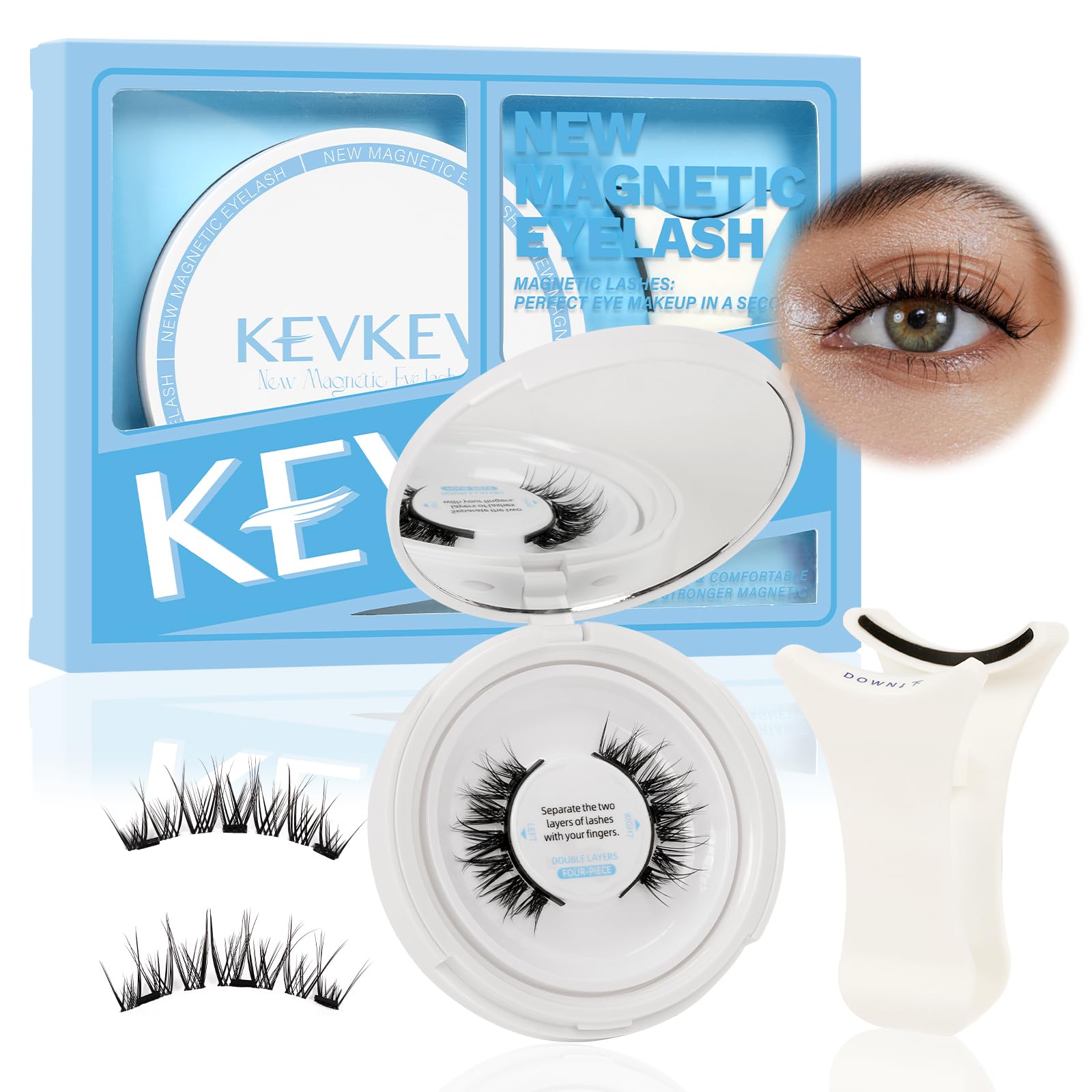 KevKevMagnetic Eyelashes Natural Look Magnetic Lashes Kit False Eyelashes with Applicator Reusable No Glue Needed Magnetic Eyelashes Kit Clear Band Soft Magnets Easy to Wear and Remove Readily (Opal)