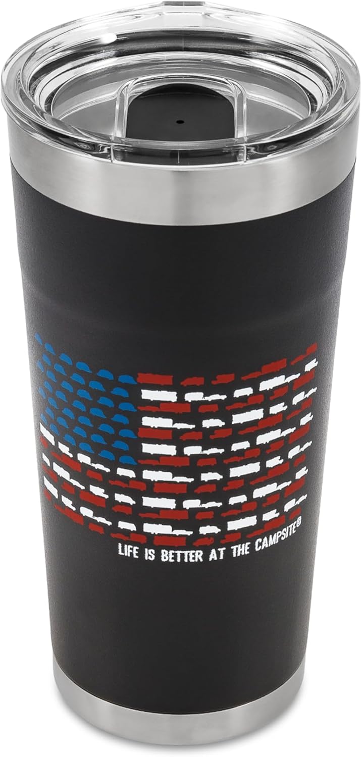 Camco Life is Better at The Campsite Wrapped Stainless Steel Tumbler - Features Double Wall Vacuum Insulation for Heat/Ice Retention & Unique RV USA Flag Design - Holds 20 oz. (53065)