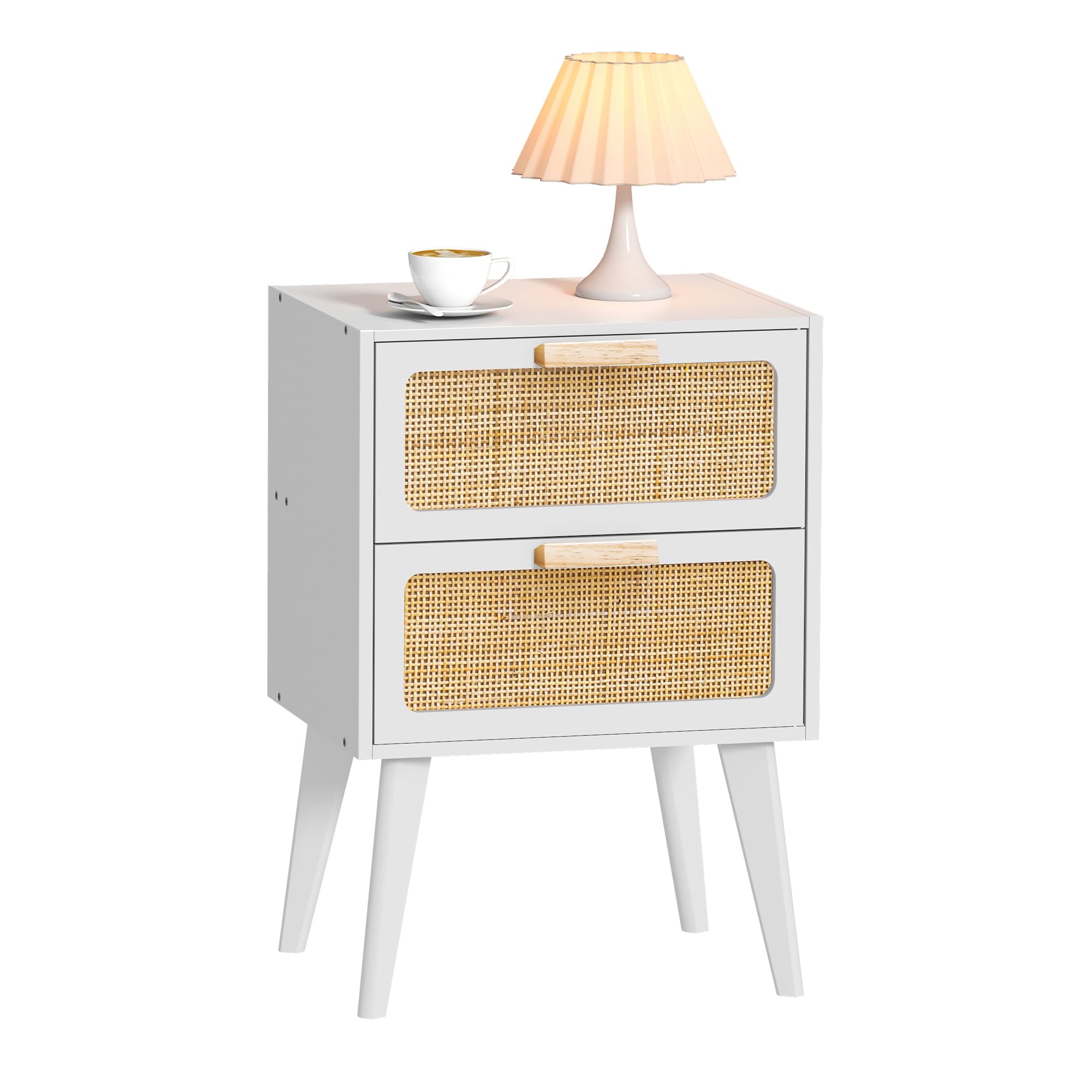 YAUKOMEL Rattan Nightstand, Wood End Table, Side Table with 2 Hand Made Rattan Decorated Drawers,Boho Bedside Table,Wood Accent Table with Storage for