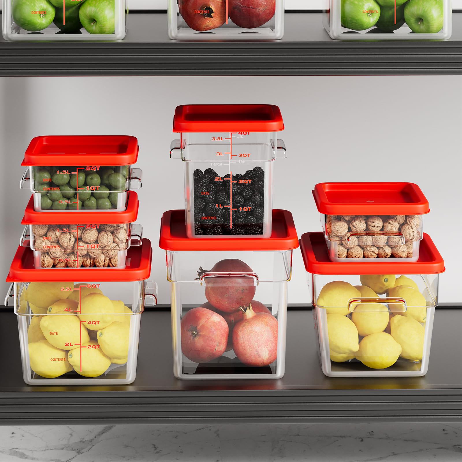 Paquete de 4 recipientes de almacenamiento de alimentos, recipientes de alimentos con tapas y asas, recipientes cuadrados comerciales para cocina, restaurante, refrigeración, etc. (6 cuartos de
