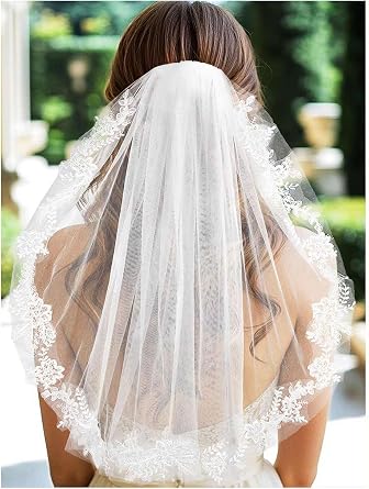 Lace Wedding Veils White 1 Tier Bridal Tulle Veil Elbow Length Veils with Comb for Brides and Women
