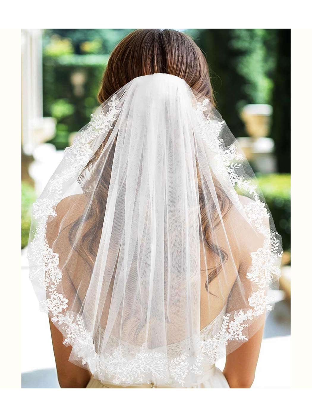 Lace Wedding Veils White 1 Tier Bridal Tulle Veil Elbow Length Veils with Comb for Brides and Women