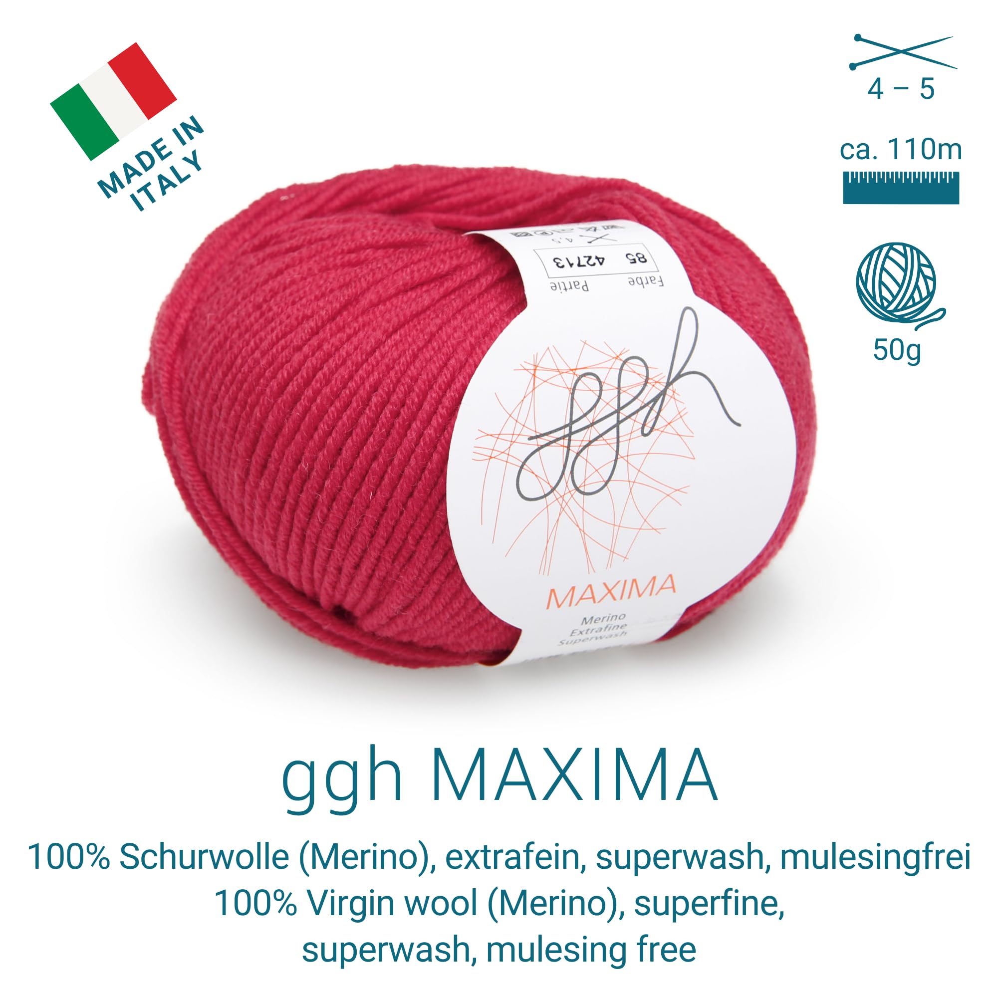 ggh Maxima Box 6 x 50 g (300 g) Lana Merino Extra fine e Lavabile in Lavatrice Spessore Ferri 4 5 Colore 085 Rosso