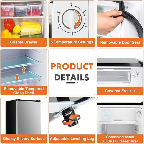 Miniatura 5 de Sweetcrispy Mini refrigerador de 3.2 pies cúbicos con congelador, refrigerador pequeño, termostato ajustable de una sola puerta, ahorro de energía,