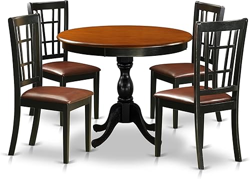 East West Furniture AMNI5-BCH-LC - Juego de mesa de comedor de 5 piezas para 4 personas, incluye una mesa de cocina redonda con pedestal y 4 sillas
