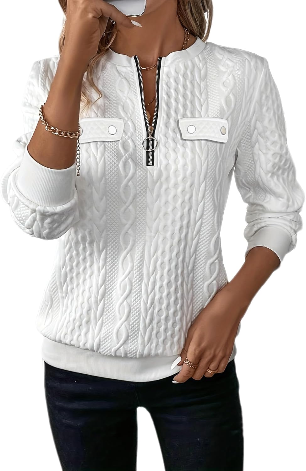 Melliflo Women's Quilted Sweatshirts Zipper Neck Long Sleeve Textured Solid Casual Loose Fashion Fall Pullover Tops