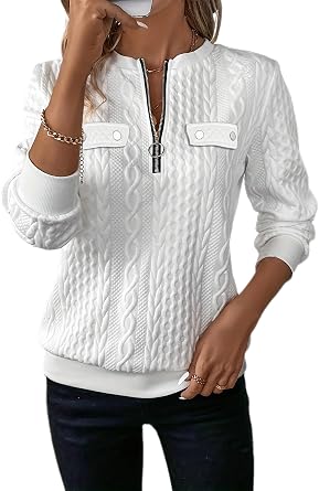 Melliflo Womens Quilted Sweatshirts Zipper Neck Long Sleeve Textured Solid Casual Loose Fashion Fall Pullover Tops