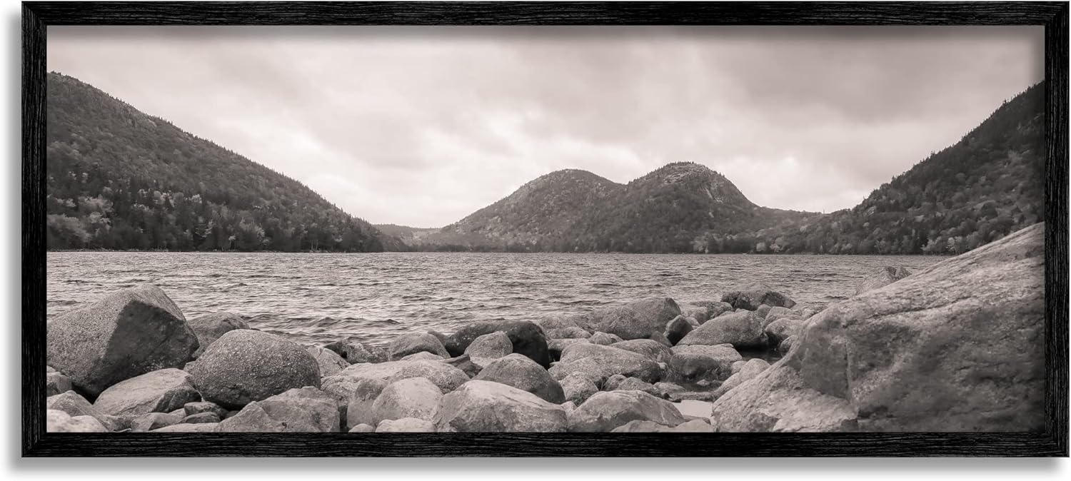 Stupell Industries Rocky Mountain Shoreline Lake Water Black White Photography