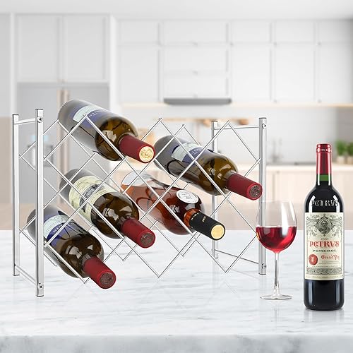 TOBUSA Moderno estante de vino plateado para encimera, soporte pequeño para botellas de vino, 10 botellas de metal independiente, organizador de