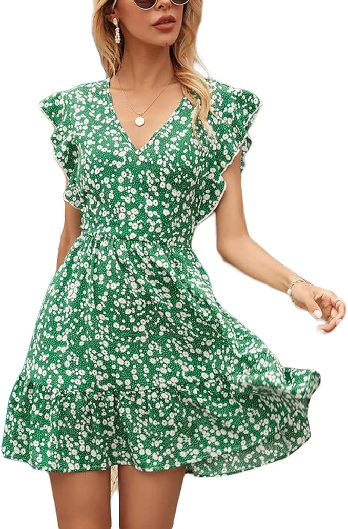 Amfeelings Women's Casual Floral Mini Dress VNeck Ruffle Hem Short