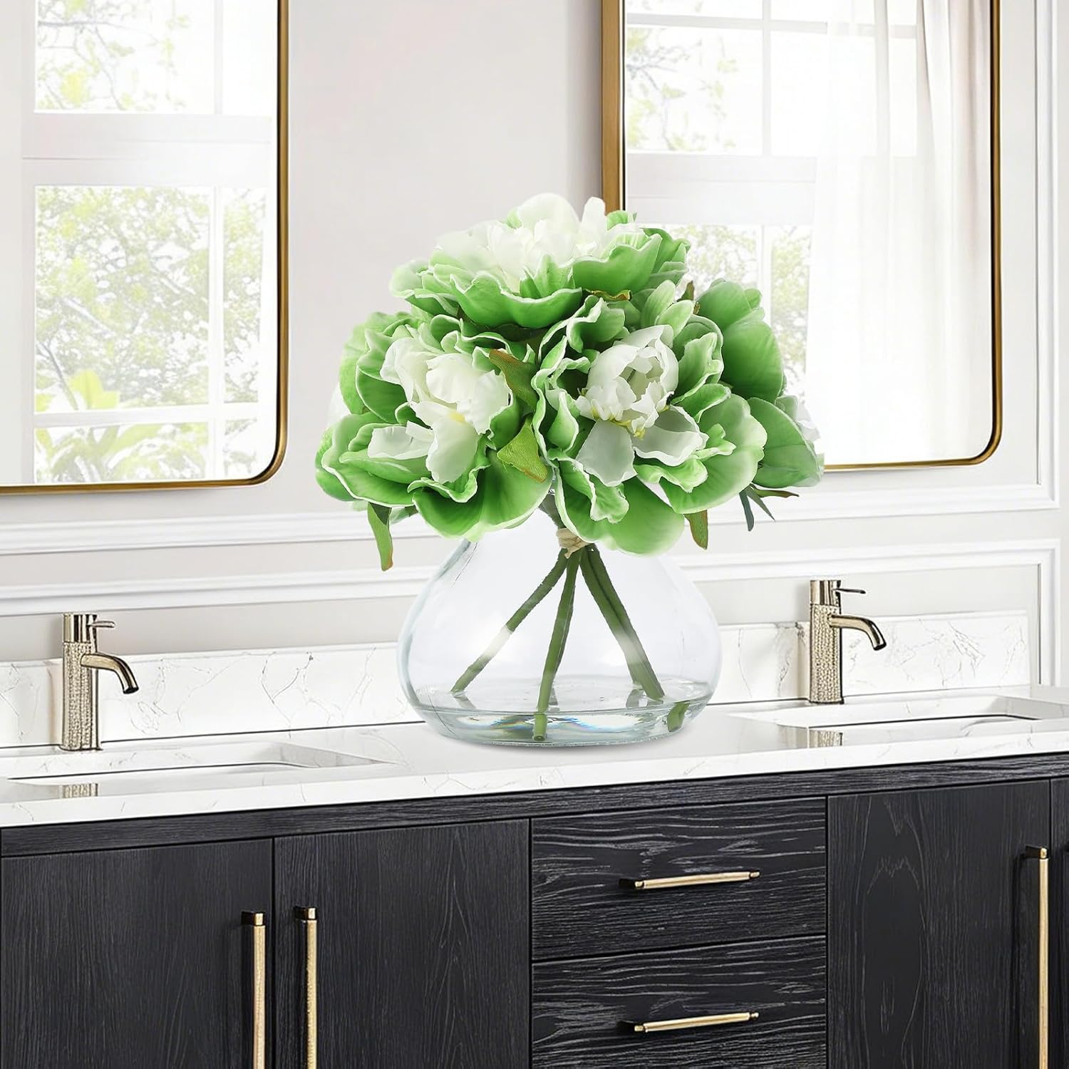 GarveeTech Real Touch Silk Peony Artificial Flowers, Green Peonies in Glass Vase with Faux Water, Large Flower Arrangement for Wedding Centerpiece, Home Table, Party & Bathroom Decor