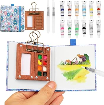 Travel Watercolor Set,Wooden 8 Grid Paint Box,12 Colors12-blue