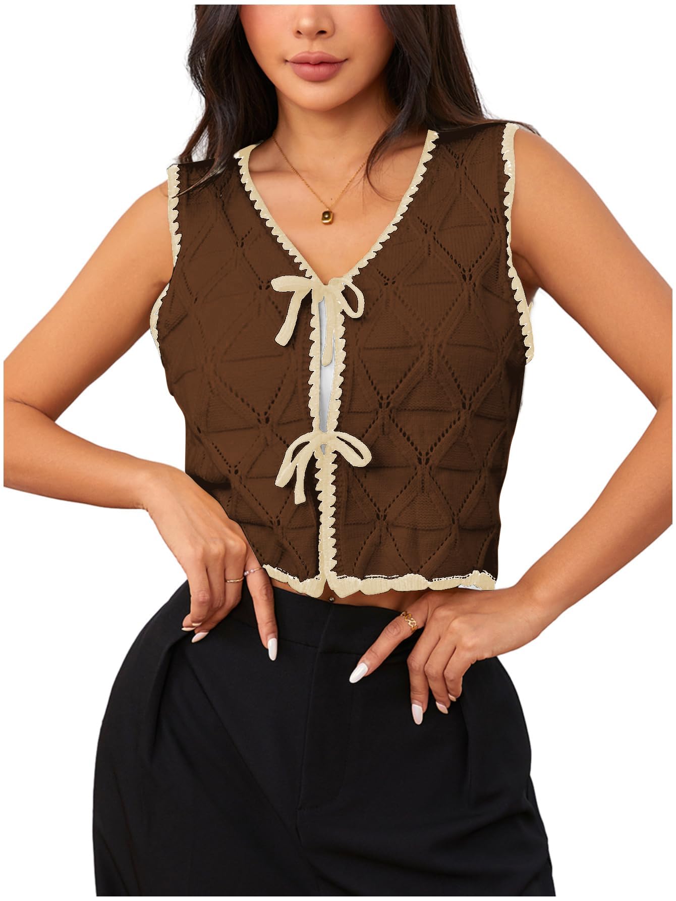MAKEMECHIC Women's Summer Sweater Vest Tie Front Old Money Clothes V Neck Contrast Crop Knit Tops