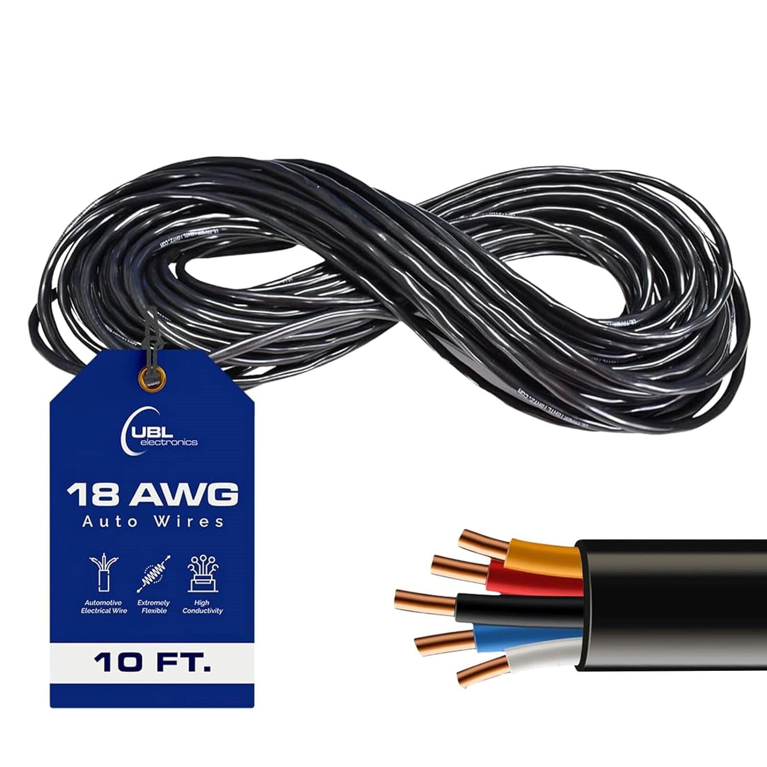 UBL Cable eléctrico automotriz 18/5, cable trenzado de 18 AWG, cable LED flexible de bajo voltaje, la mejor opción para alimentar sirenas de alto amperaje o barra de luz (10 pies)