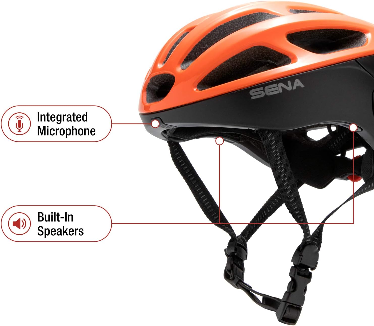 Close-up of Sena R1 helmet showing integrated microphone and speakers