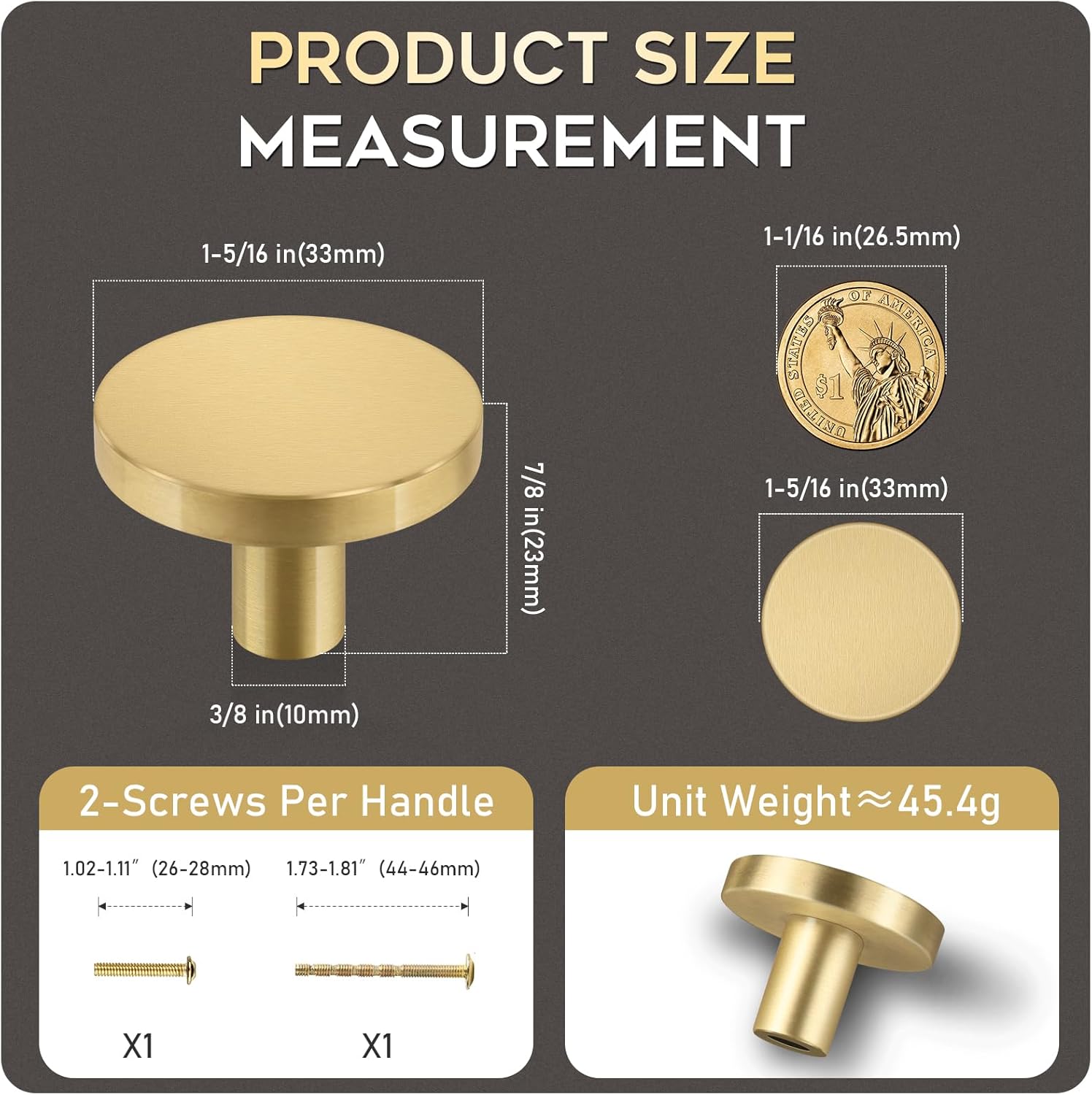 Yiking Soild Brass Brushed Gold Cabinet Knobs - Heavy Duty Real Brass Dresser Knob,Modern Round Gold Closet Door Pulls Small Gold Hardware for Kitchen Bathroom Bedroom Furniture 8pcs 1-5/16in