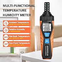 Vista 2 de Medidor de Temperatura y Humedad, Termómetro Higrómetro de Alta Precisión con Ambiente, Punto de Rocío, Termómetro de Bulbo Húmedo, Pantalla Dual