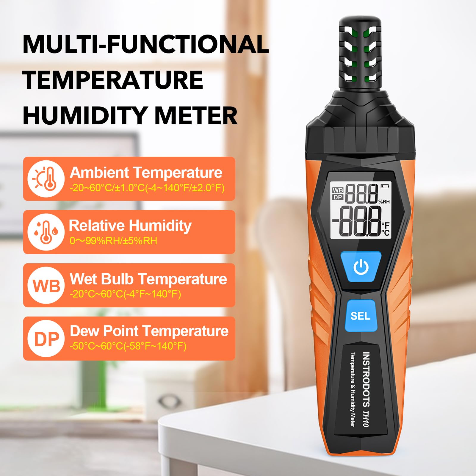 Termometro igrometro ad alta precisione con temperatura e umidità, punto di rugiada, termometro a lampadina umida, doppio display temperatura e umidità con retroilluminazione LCD, TH10