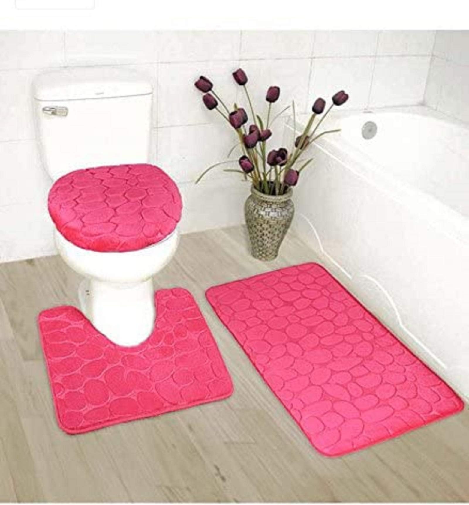 Mk Home 3pc Hot Pink Memory Foam Anti-Slip Bathroom Set Contour Bathroom Rug Set, Toilet Lid Cover and Mat New