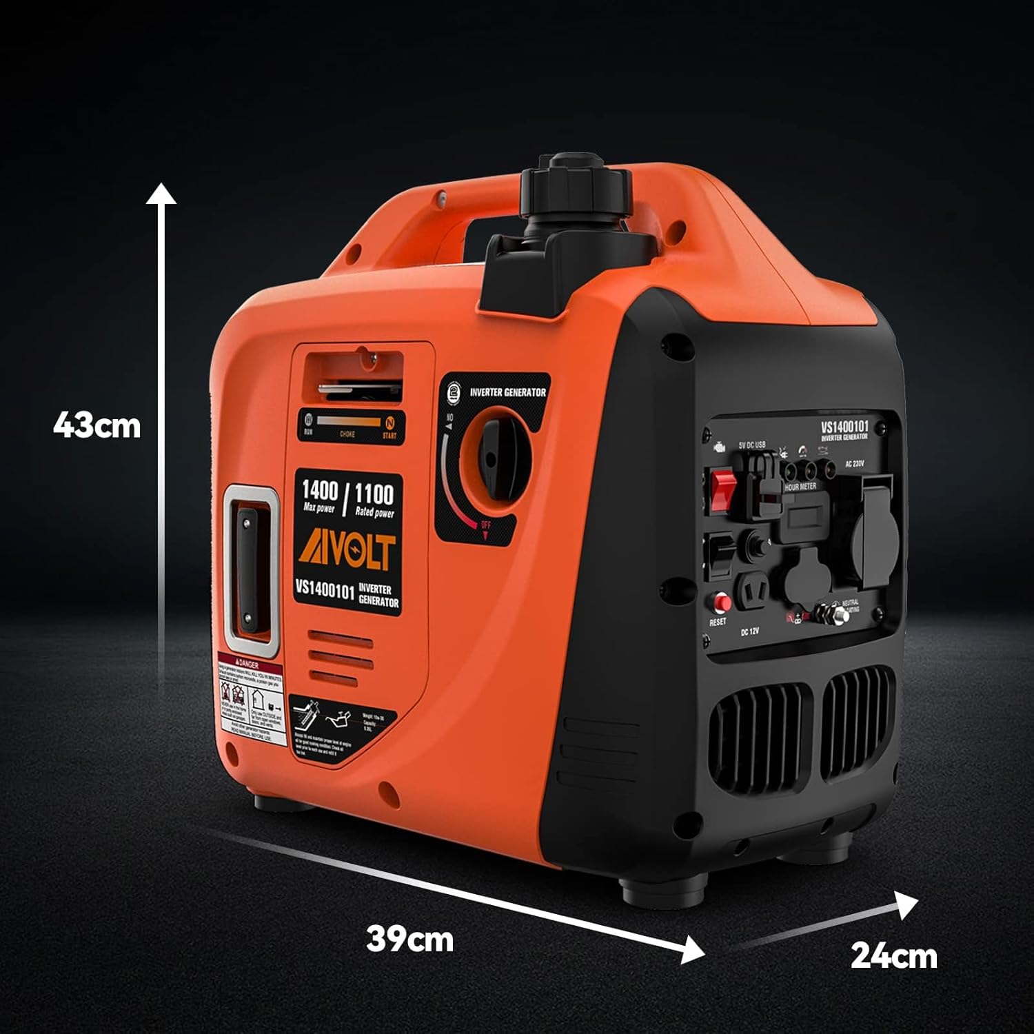 AIVOLT Silent Gasoline Inverter Generator 1400W with AC Outputs 230V/DC 12V/USB Type-A and 2.5L Portable Lightweight Generator Tank for Outdoor Camping