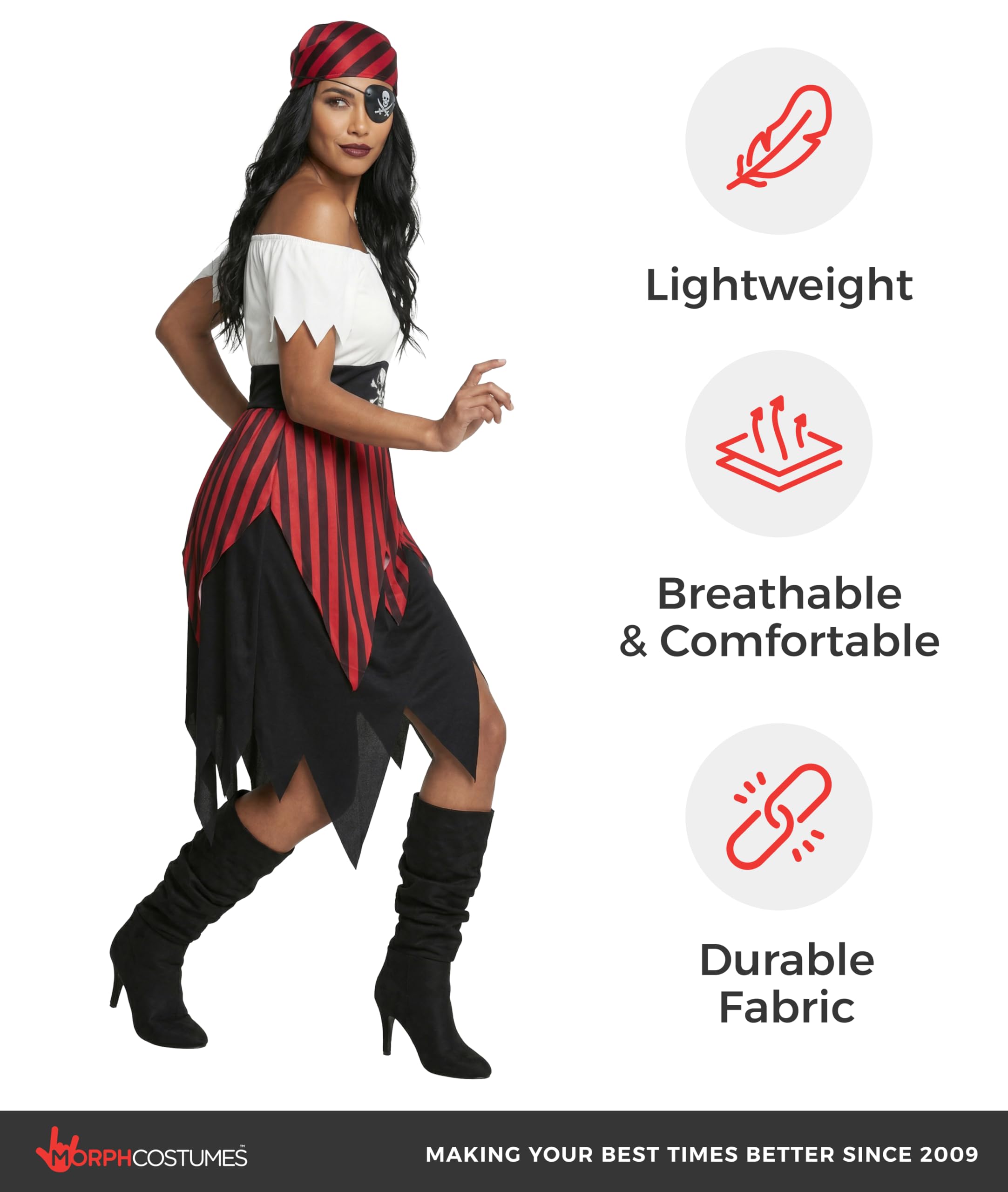 Morph Deguisement Femme Pirate, Costume Flibustiere Halloween Femme | Robe, Bandana & Cache-Œil Assortis, Look de Flibustière, À Enfiler, Parfait pour Halloween, Idéal pour se Déguiser