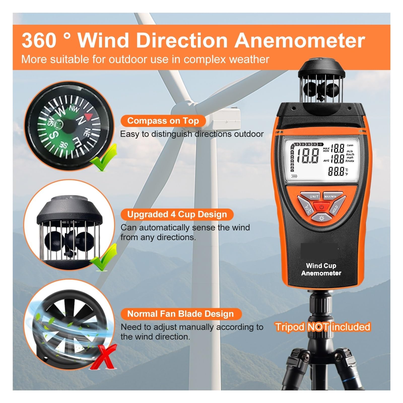 Anemómetro, Anemómetro de velocidad del viento de 0,8 a 150 km/h, medidor de temperatura y promedio del viento de alta precisión con brújula y registro de datos.