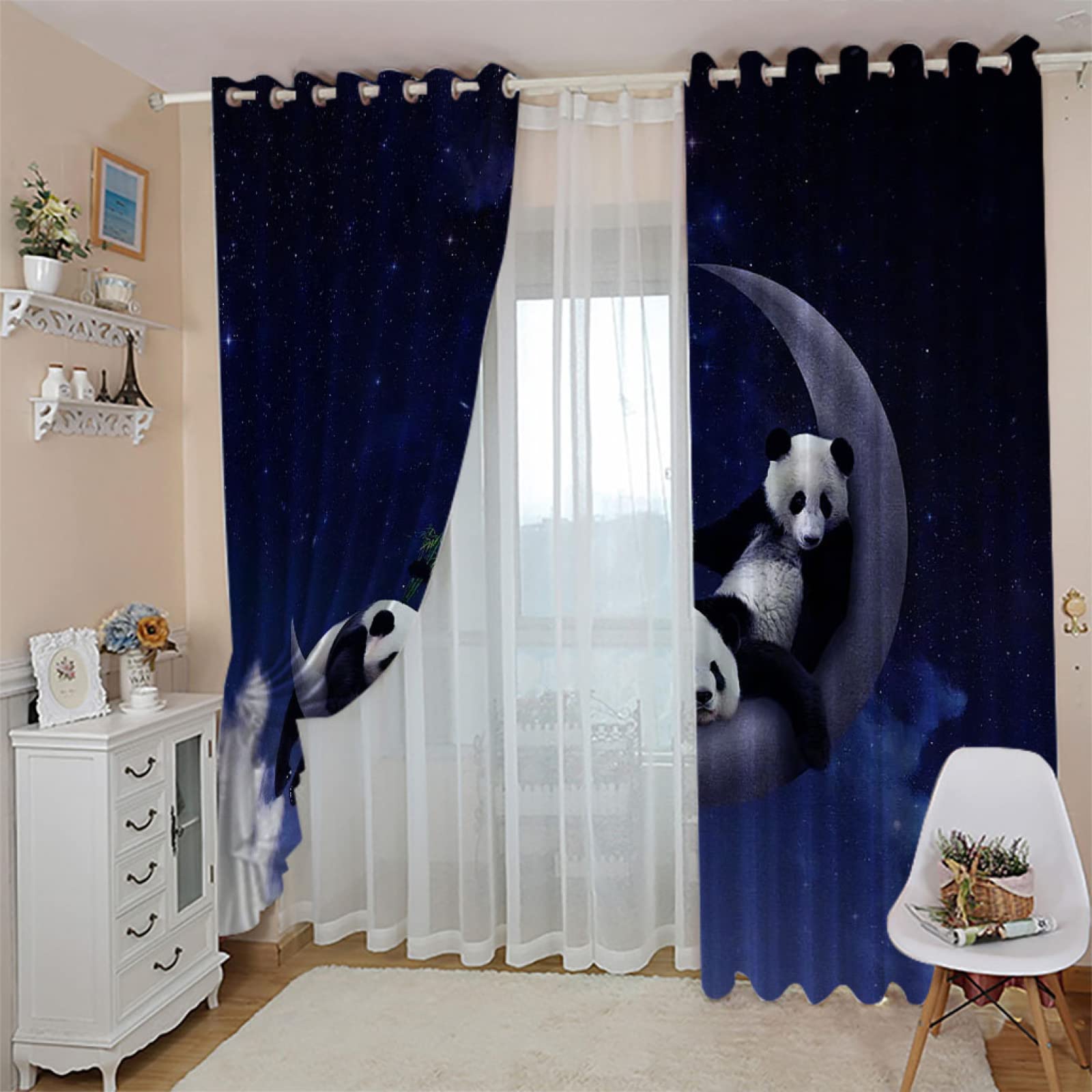 BOVZOX 3D Occultants Rideaux Lune et Panda 2 Pièces x 117 L x 138cm H Oeillets Chambre Isolant Thermique Rideau Grande Largeur Rideau Salon Decoration en Chambre pour Enfant Garcon