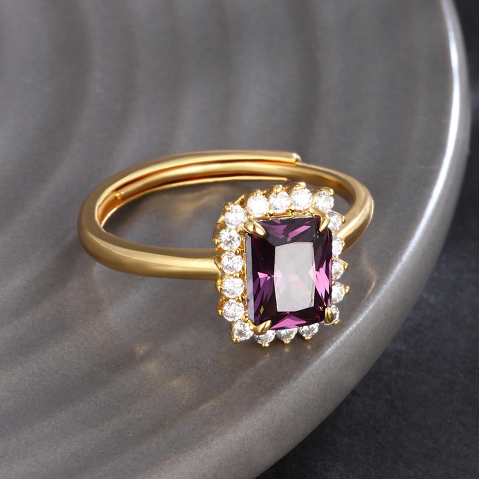 Anello da donna in oro 9 K/14 K/18 K, anello rettangolare con ametista a grappolo in vero oro