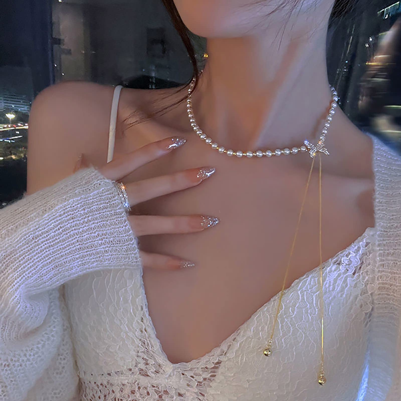 Collares de mujer colgantes para el Día de Patrck, collar de perlas de diamante y mariposa, colgante de cumpleaños para mujer, mamá, esposa, en forma de Y