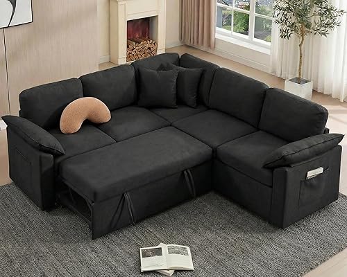 Miniatura 10 de Sofá cama modular de 85 pulgadas con cama extraíble, sofá cama en forma de L de 5 plazas con almacenamiento, sofá cama convertible que ahorra