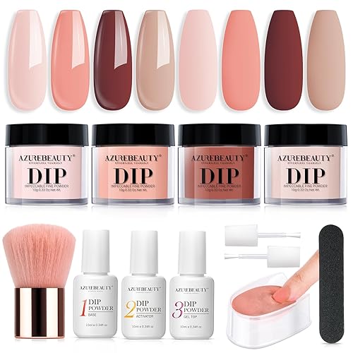 Azurebeauty - Juego de 12 piezas de polvo de inmersión para uñas, tono de piel, otoño e invierno, marrón nude, 4 colores acrílico, polvo de