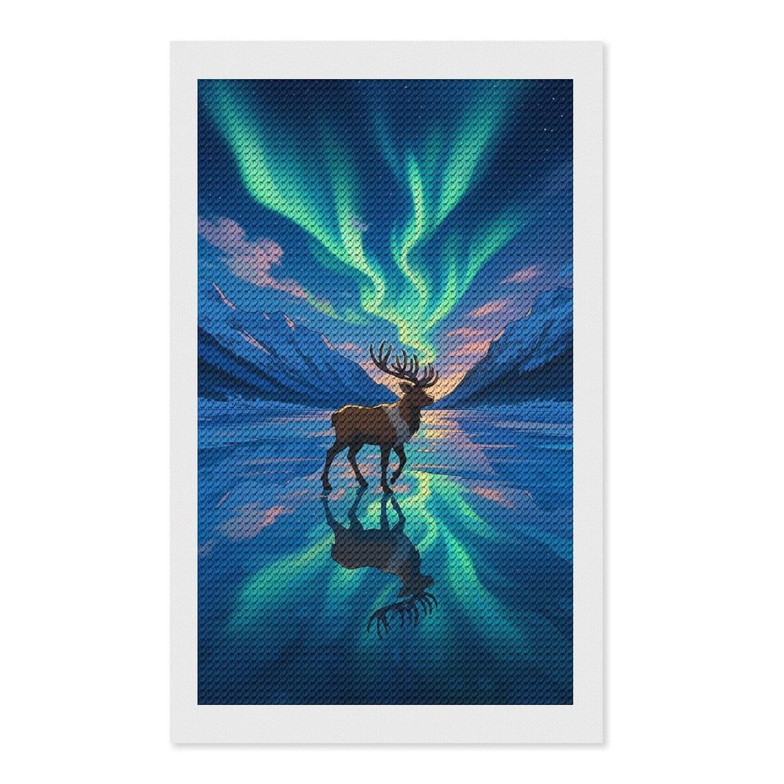 Junmoney Reindeer Under Aurora Borealis Full Drill Diamond Painting Kit 12"x20", for Teens, Calming Craft to Unwind, Home Wall Decor, Christmas Gift
