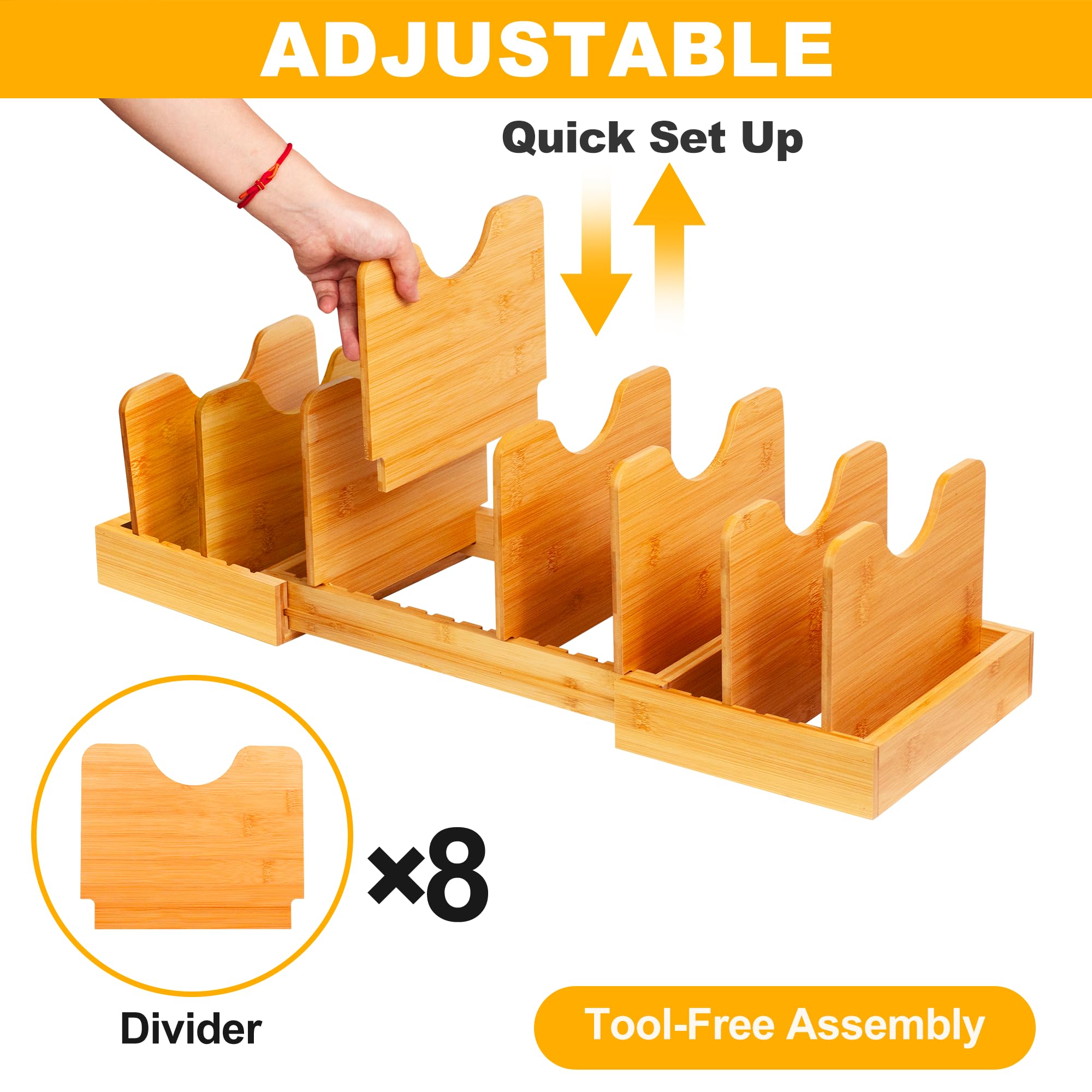 Table Divider Hoder Pots And Pans Organiser Tomorotec Bamboo Pot Lid Holder With Adjustable ...