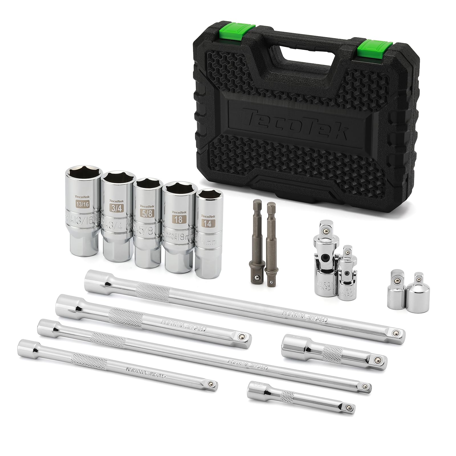TecoTek 17-Pieces Drive Tool Accessory Set, Spark Plug Socket Set, Includes 1/4" & 3/8” Drive Extension Bar, Socket Adapter, Universal Joints