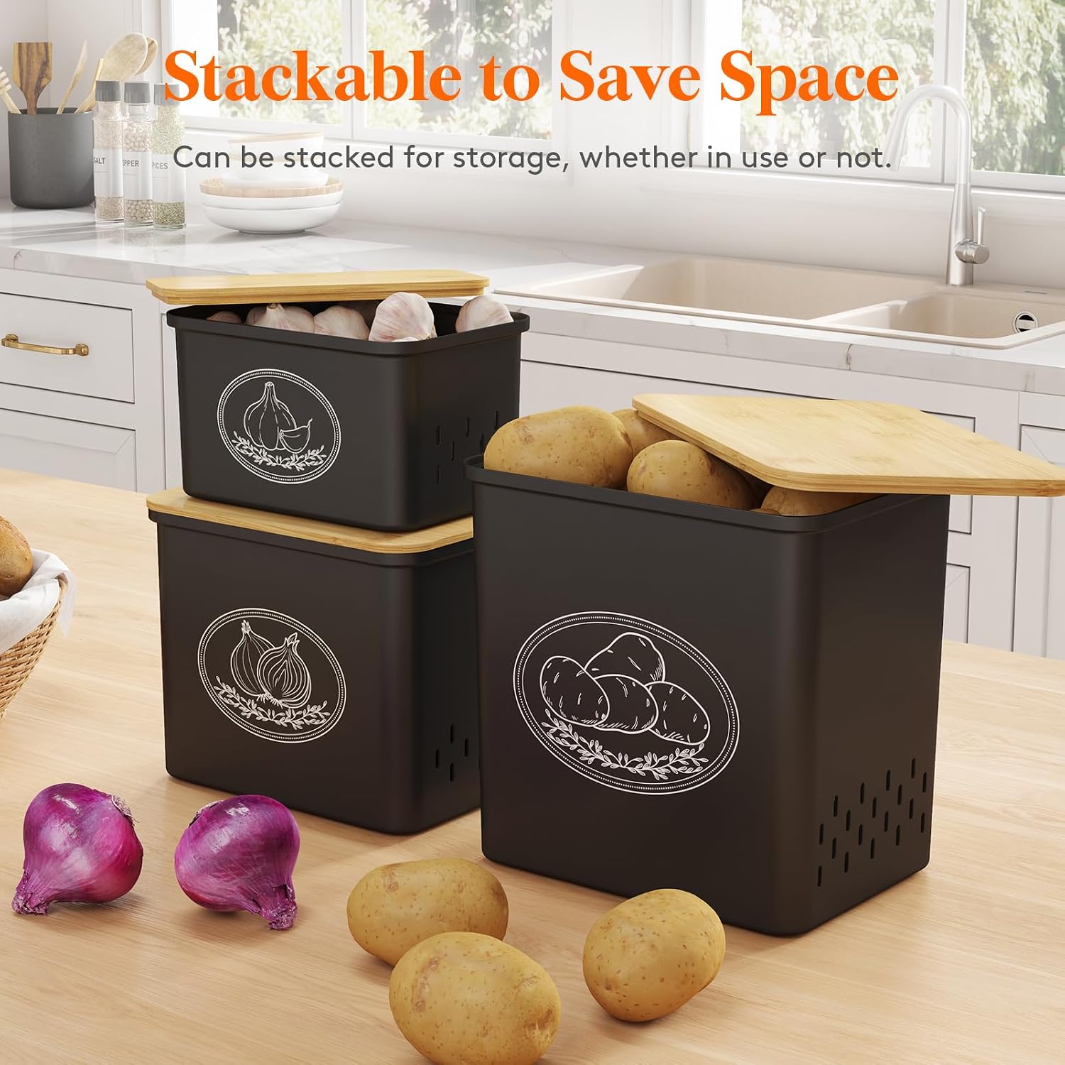 Lifewit Plastic Potato and Onion Storage Bin Box, Set of 3, Black image 5