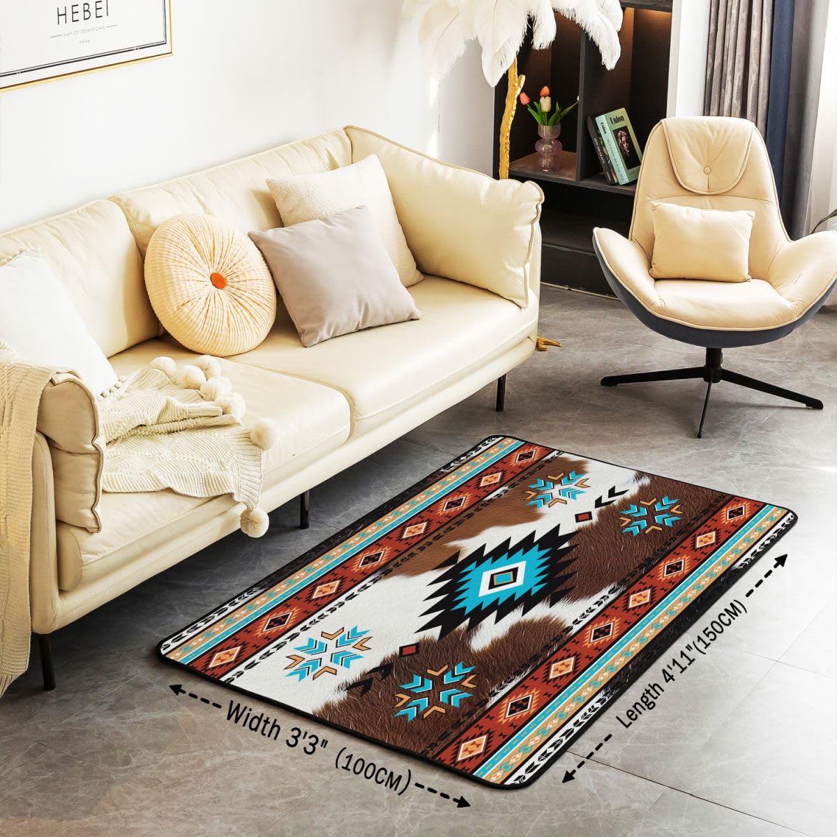 Homewish Aztecki dywan boho 100 x 150 cm do sypialni salonu - zachodnia skóra zwierząt gospodarskich nowoczesny dywan podłogowy turkusowy brązowy wzór duże dywany boho rustykalna skóra bydlęca nie