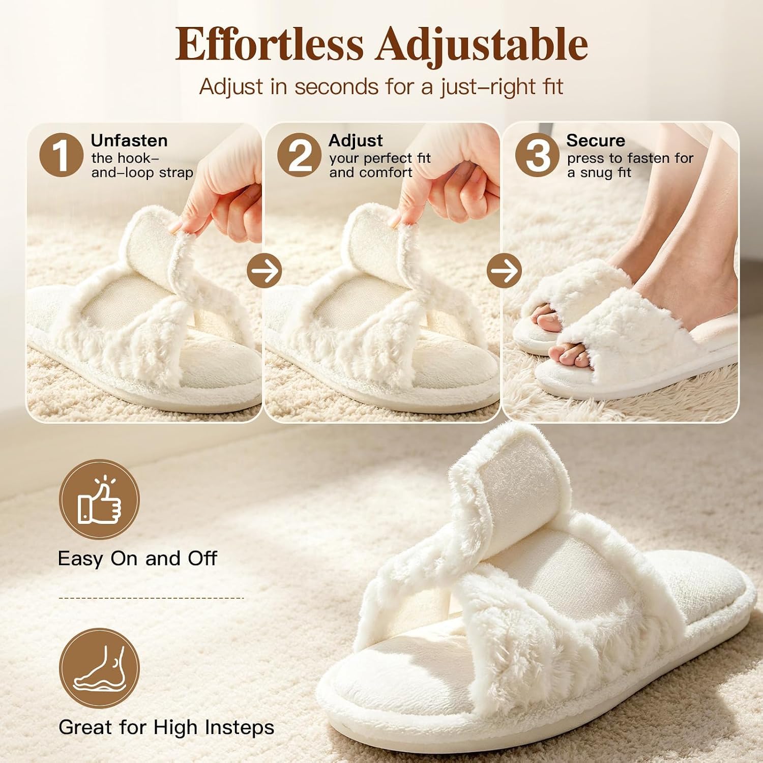 HUXMEYSON Slippers for Women, Open Toe Memory Foam House Shoes with Adjustable Strap, Cozy Faux Fur & Anti-Slip Indoor Outdoor TPR Soles