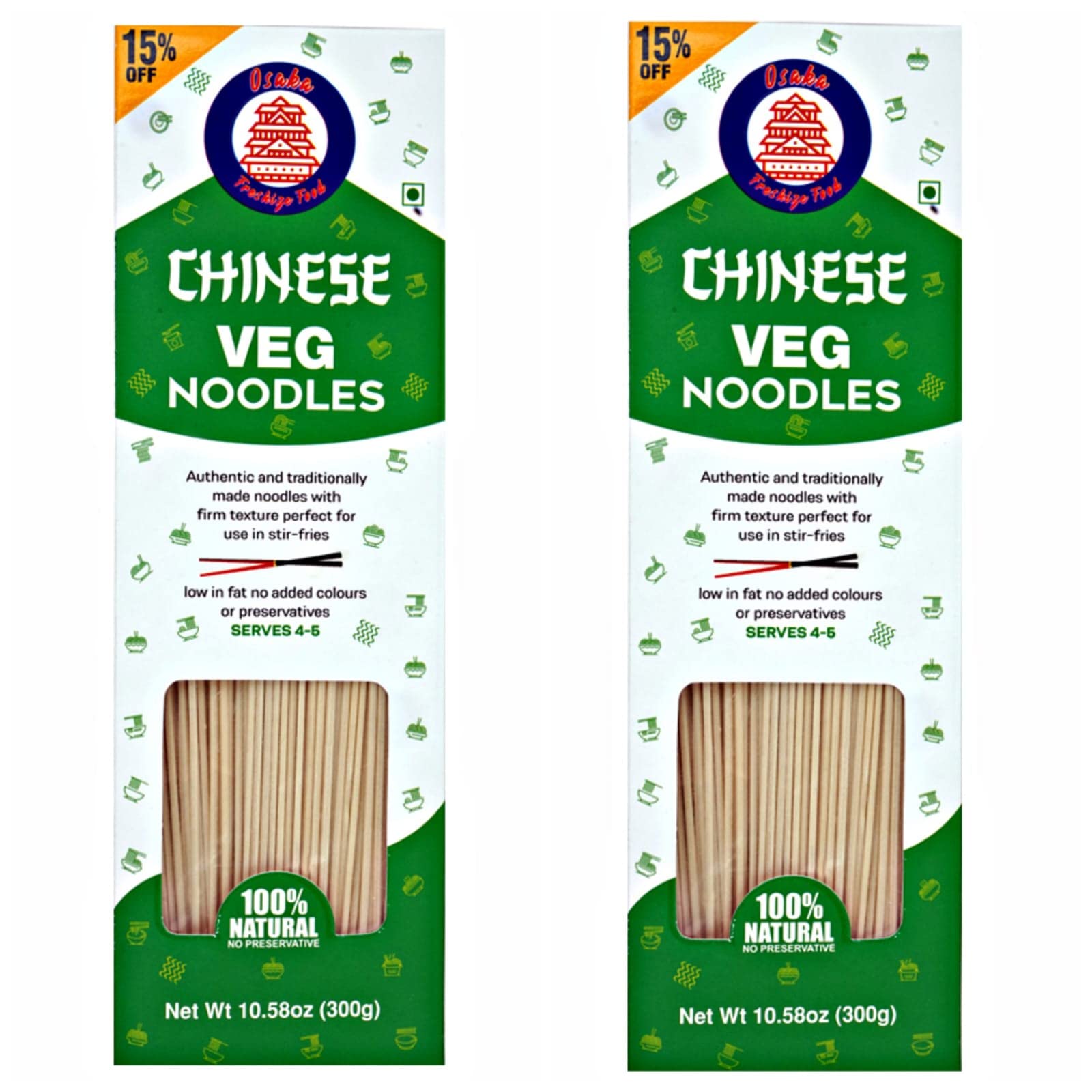 Osaka Chinese Veg Noodles | 100% Vegetarian | No Preservatives | 100% Healthy Maida | Get Restaurant Style Taste in Just 10 Minutes | Serves 4-5 Meals | Instant Noodles | (300g (Pack of 2))