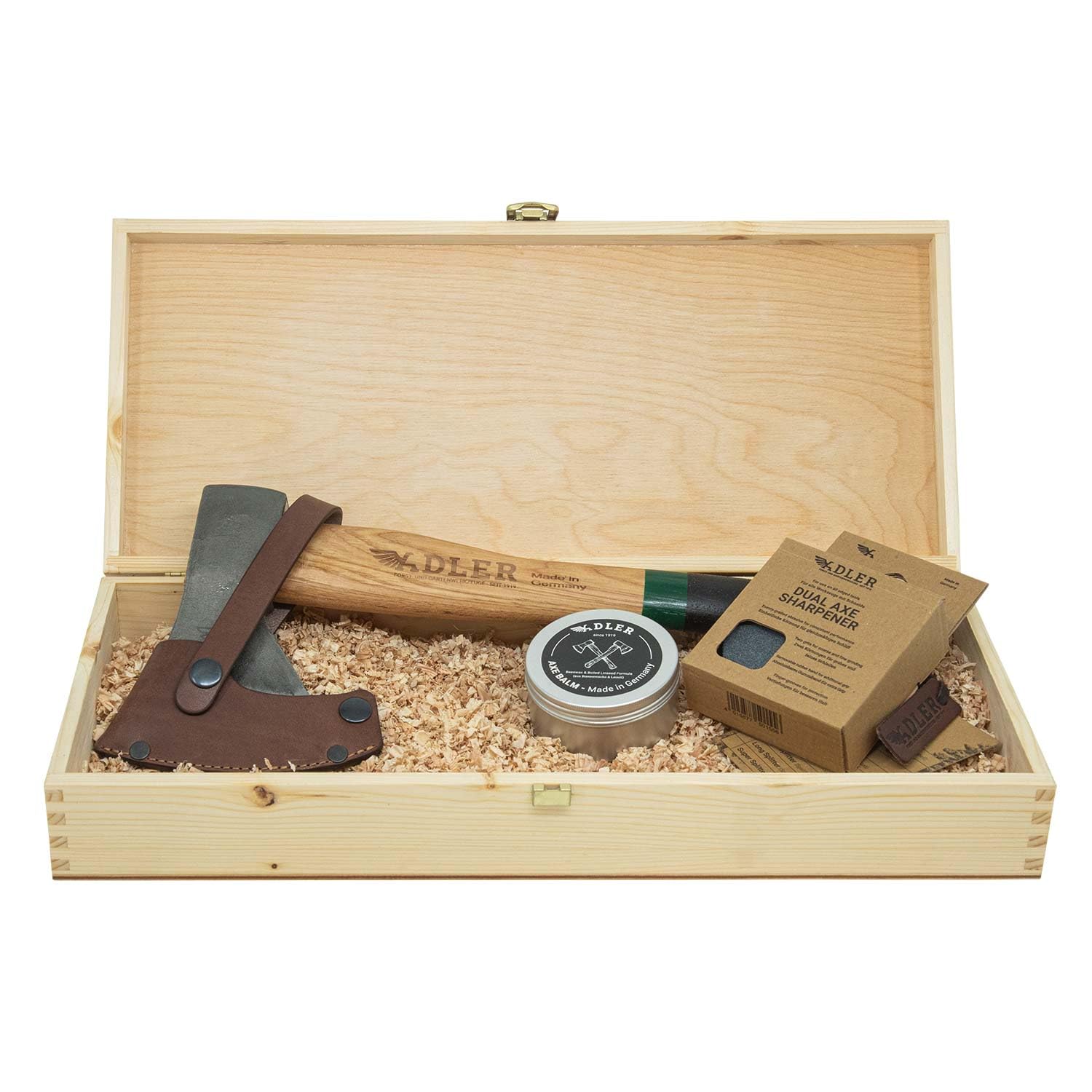 ADLER Beil Geschenkset Rheinlandbeil Schleifstein Balsam Echtholzbox Grün | Geschmiedetes C60-Beil mit Lederschutz als hochwertiges Geschenk Made in Germany