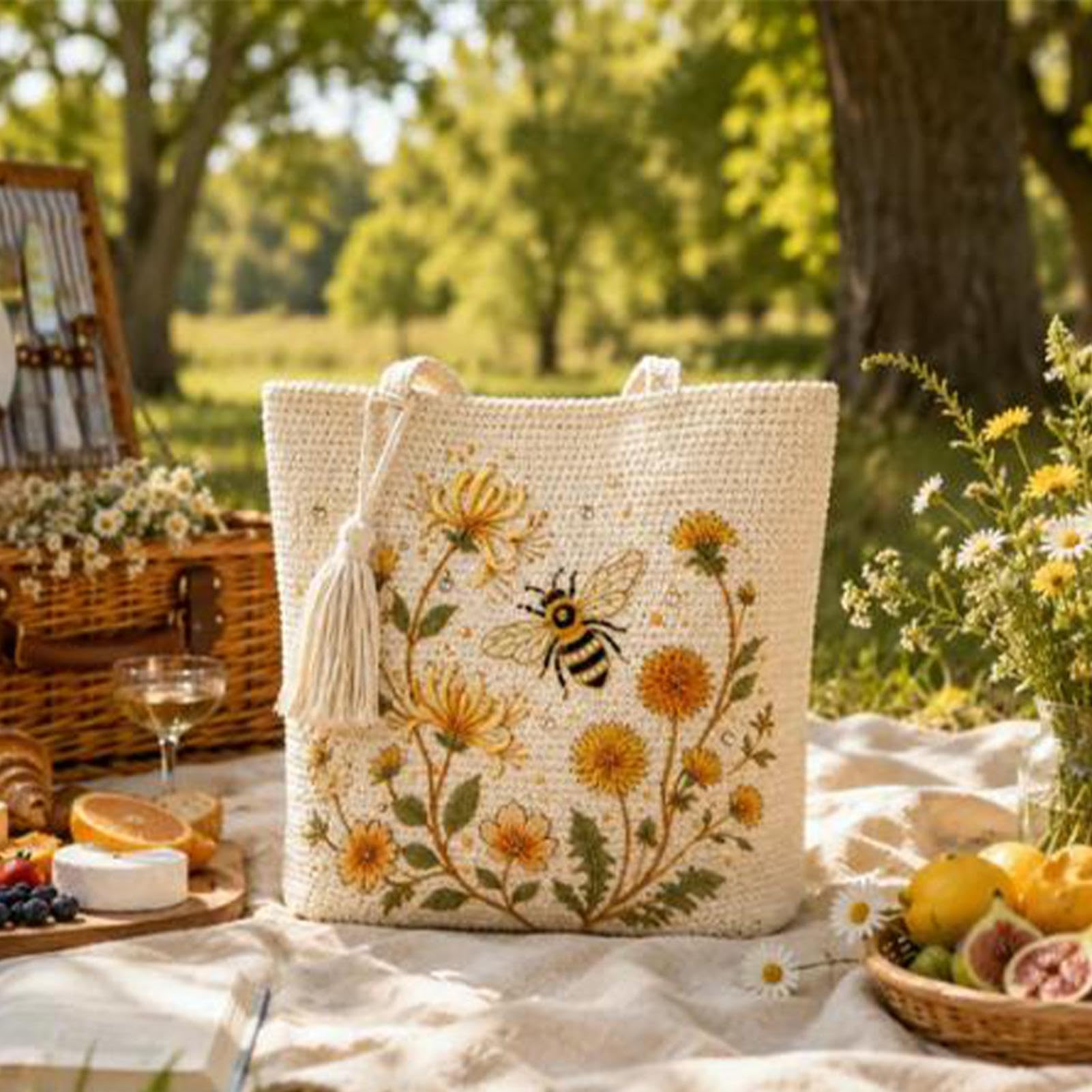 Bolso Tote Crochet Para Mujer Estuche Crochet Con Bordado Floral De