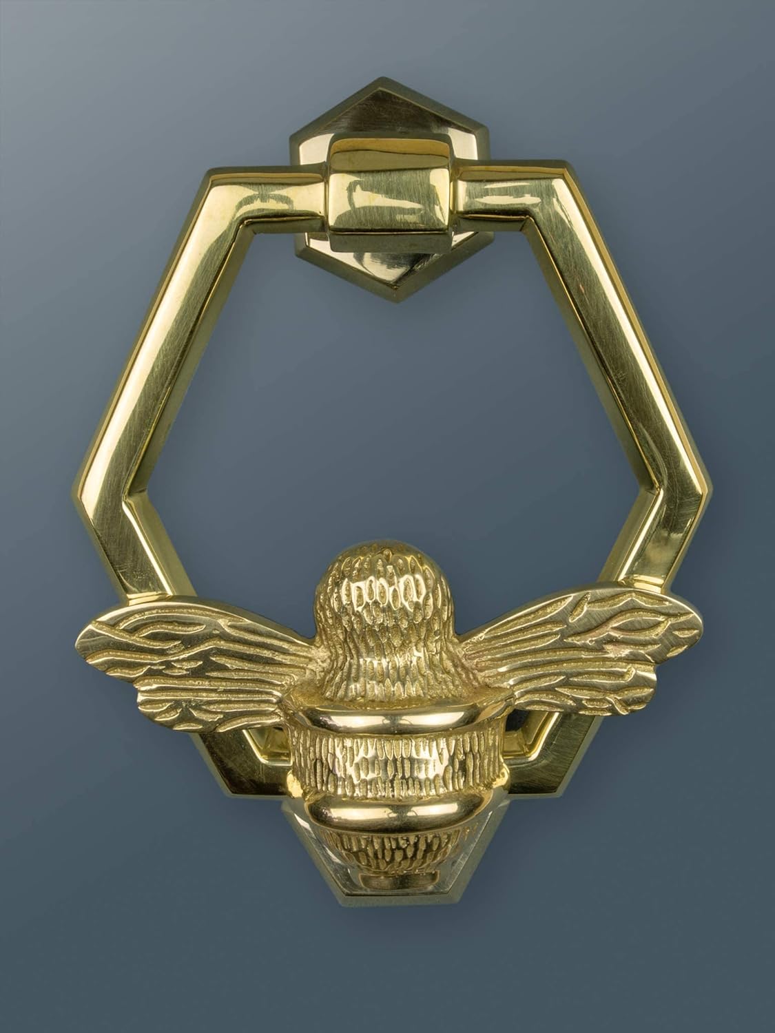 Gold Bee Door Knocker for Front Door | Polished Solid Brass Honeycomb | Brass Knockers with Strike Plate | UPVC | Bumblebee Front Door Furniture with a Unique Design