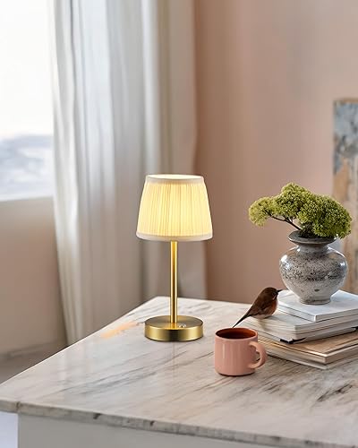 Miniatura 9 de PUSU Paquete de 2 lámparas de mesa LED inalámbricas doradas, recargables de 4000 mAh, 3 vías regulables, lámpara pequeña con pantalla de tela,