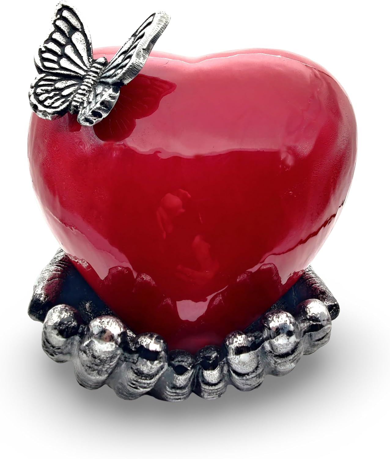 Butterfly Heart Urn for Ashes - Hand Painted with Red Color - Unique Memorial Keepsake for Loved Ones - Decorative Cremation Urn for Home or Office Comes with Unique Hand Shape Stand.