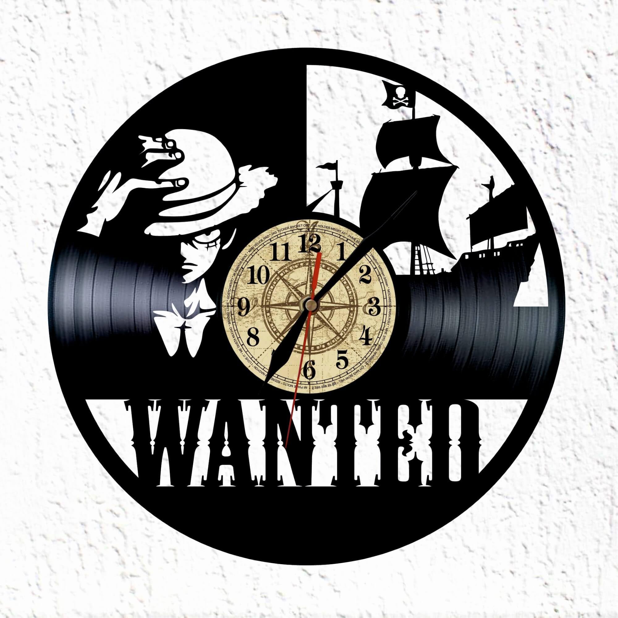 Horloge disque vinyle Wanted Pirate silencieuse pour chambre sans bruit de tic-tac