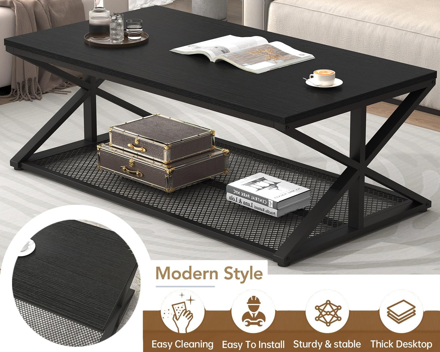IBF Couchtisch mit Stauraum Wohnzimmertisch aus Holz Metall Industrieller Moderner Couch Wohnzimmer Tisch Mitteltisch mit Netzablage für Wohnzimmer Küche Schlafzimmer, Schwarze 120B cm