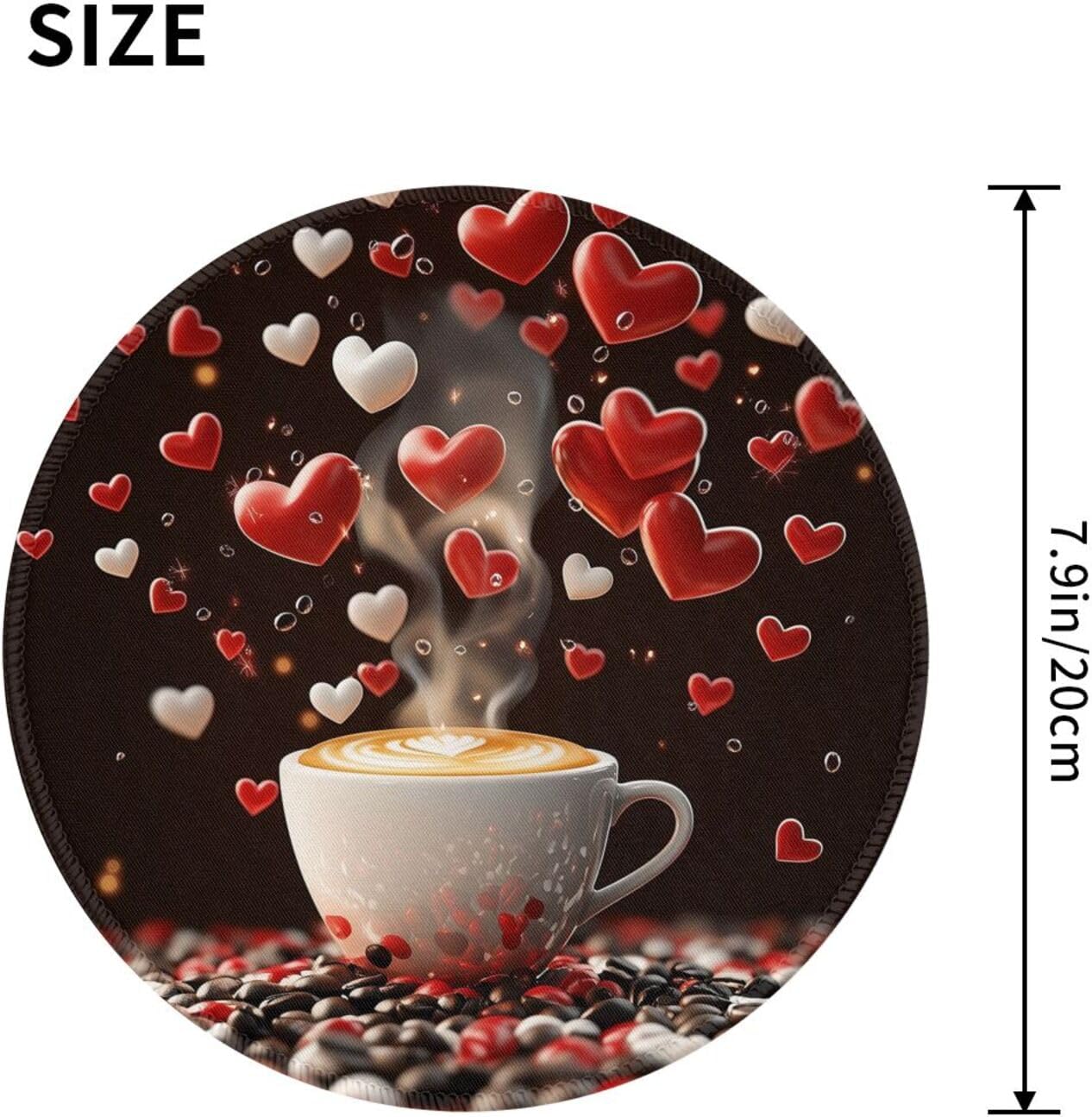 Round Mouse Pad, Coffee Cup Love Hearts Romantic Valentine's Day Theme Mouse Pads, Anti-Slip Rubber Base Mousepad for Laptop Home Office Desktop Accessories