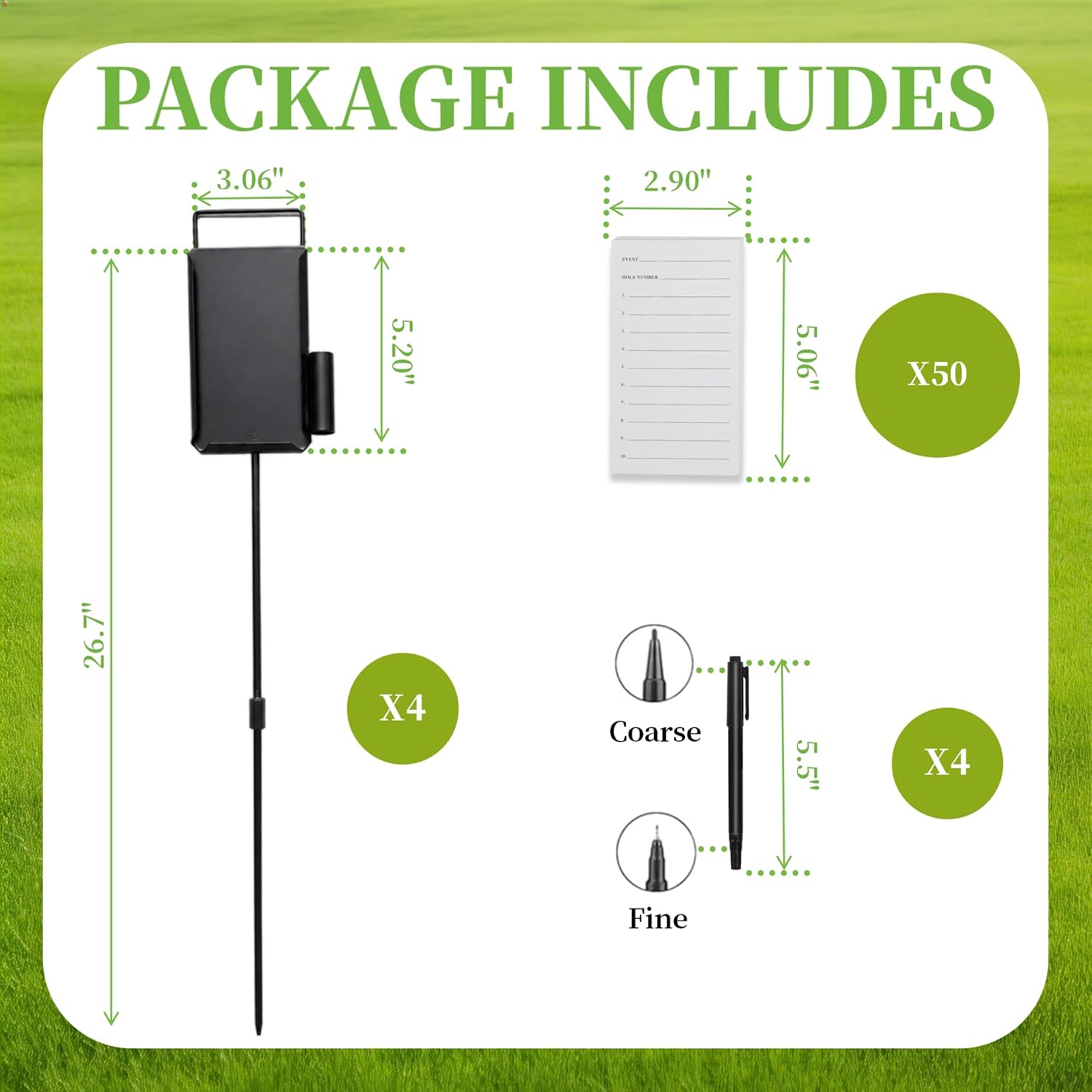 4 Pack Steel Longest Drive and Closest to the Pin Marker, Golf Metal Proximity/Course Distance/Fairway Distance Markers with 50 Sheets Cards and 4 Pens, for Outdoor Golf Tournam