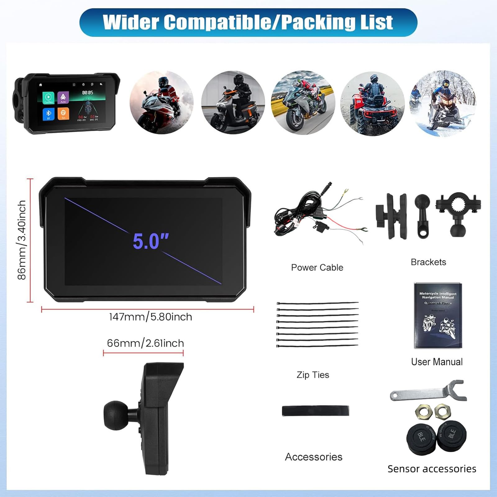 Motorrad GPS CarPlay Bildschirm mit drahtloser Carplay und Android Auto, tragbarer Wasserdichter 5 "Touchscreen Motorcycle GPS CarPlay -Bildschirm unterstütztBluetooth+Reifendruckkontrollsystem