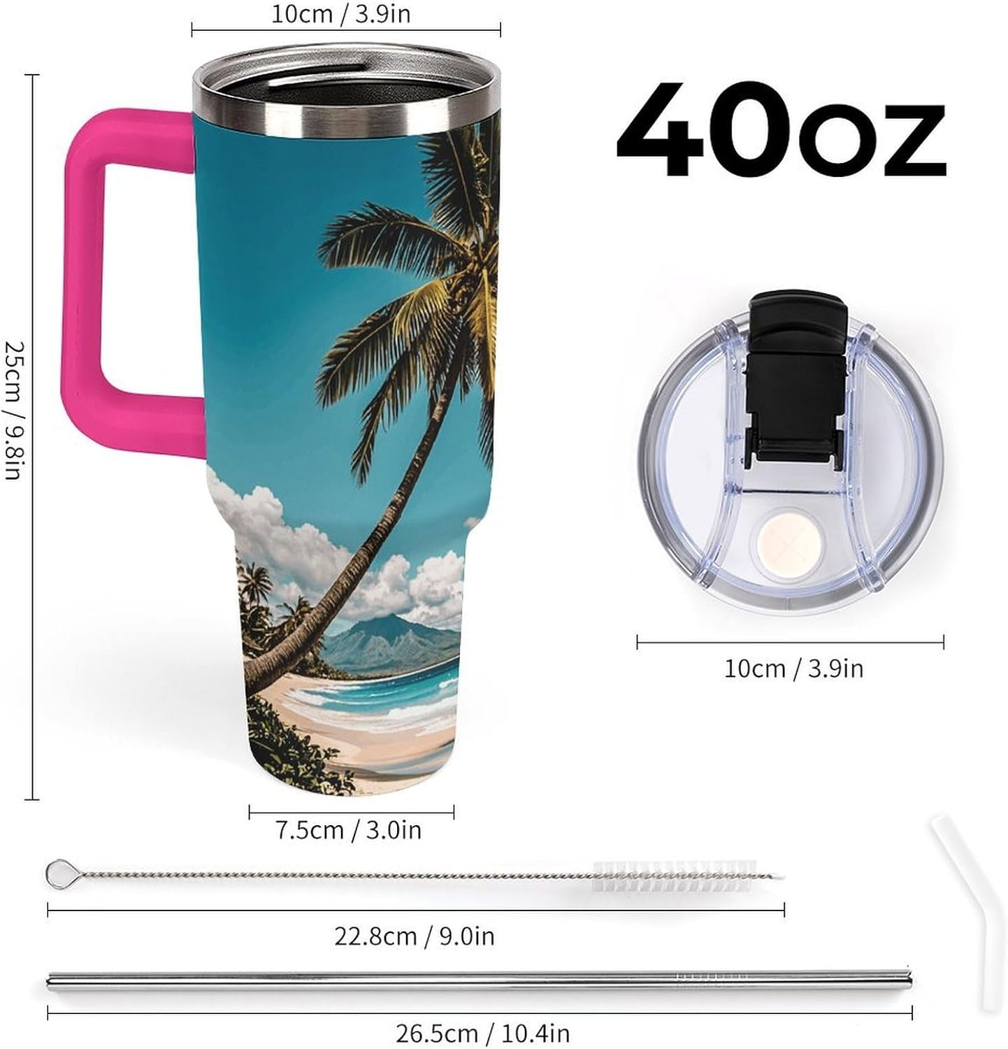 40 Oz Tumbler With Lid And Handle Palm Tree Hawaii Beach Stainless Steel Large Capacity Car Cup Leak Proof Insulated Water Bottle Light Rose Red-style For Road Trips, Commuting,Camping,Gym
