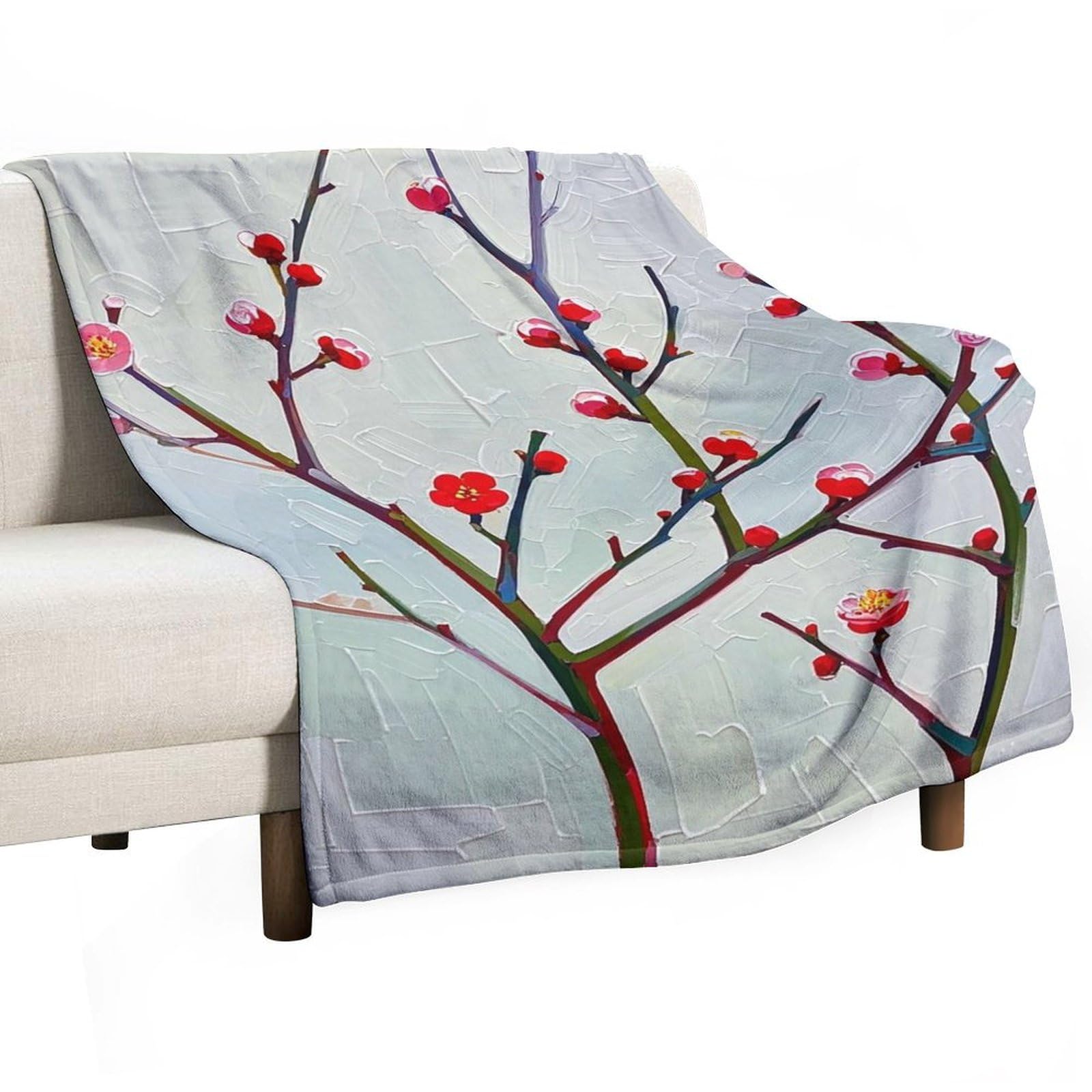 Jeté de canapé imprimé fleurs de prunier plaid de camping léger en flanelle
